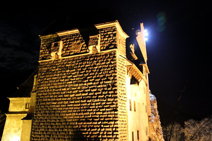 Exterior view of Dracula's Castle in Transylvania at night.  Photo Rich